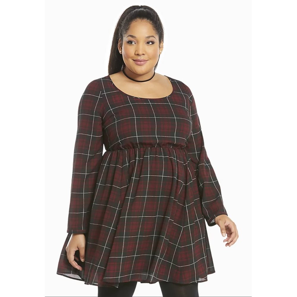 Torrid Mini Georgette Skater Dress Long Sleeve Fit & Flare Desert Plaid Red 1X
